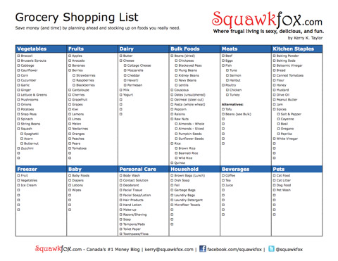 Printable Grocery Shopping List - Squawkfox